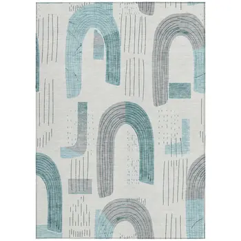 3' X 5' Teal Blue And Gray Geometric Washable Indoor Outdoor Area Rug