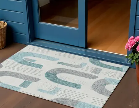 3' X 5' Teal Blue And Gray Geometric Washable Indoor Outdoor Area Rug