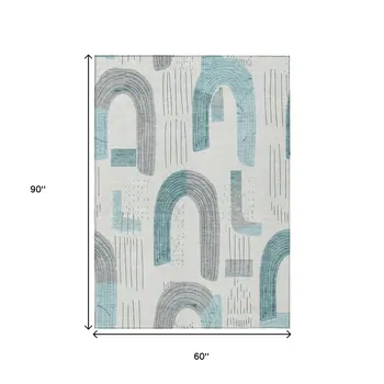 5' X 8' Teal Blue And Gray Geometric Washable Indoor Outdoor Area Rug