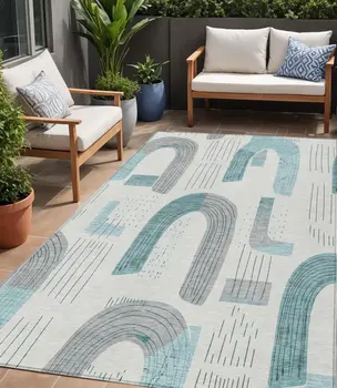 5' X 8' Teal Blue And Gray Geometric Washable Indoor Outdoor Area Rug
