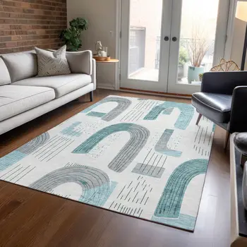 5' X 8' Teal Blue And Gray Geometric Washable Indoor Outdoor Area Rug