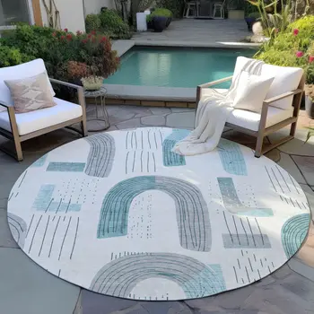 8' Teal Blue And Gray Round Geometric Washable Indoor Outdoor Area Rug