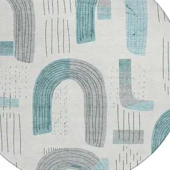 8' Teal Blue And Gray Round Geometric Washable Indoor Outdoor Area Rug