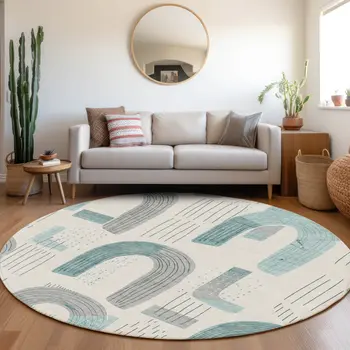 8' Teal Blue And Gray Round Geometric Washable Indoor Outdoor Area Rug