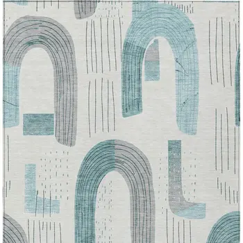 8' X 10' Teal Blue And Gray Geometric Washable Indoor Outdoor Area Rug