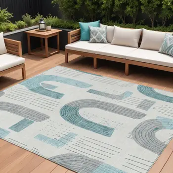 9' X 12' Teal Blue And Gray Geometric Washable Indoor Outdoor Area Rug