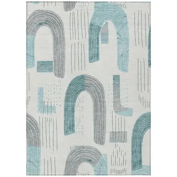 9' X 12' Teal Blue And Gray Geometric Washable Indoor Outdoor Area Rug