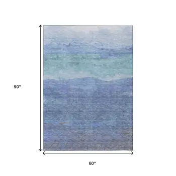 5' X 8' Blue Teal Blue And Sky Blue Abstract Washable Indoor Outdoor Area Rug