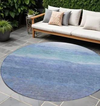 8' Blue Teal Blue And Sky Blue Round Abstract Washable Indoor Outdoor Area Rug