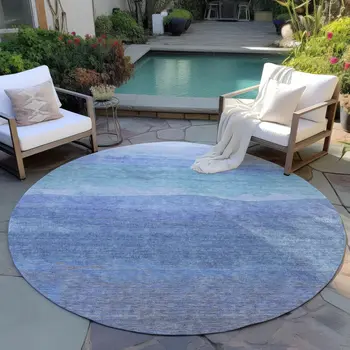 8' Blue Teal Blue And Sky Blue Round Abstract Washable Indoor Outdoor Area Rug