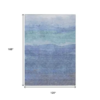 10' X 14' Blue Teal Blue And Sky Blue Abstract Washable Indoor Outdoor Area Rug