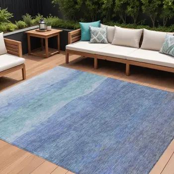 10' X 14' Blue Teal Blue And Sky Blue Abstract Washable Indoor Outdoor Area Rug
