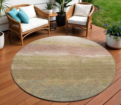 8' Tan And Beige Round Abstract Washable Indoor Outdoor Area Rug