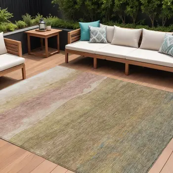 9' X 12' Tan And Beige Abstract Washable Indoor Outdoor Area Rug