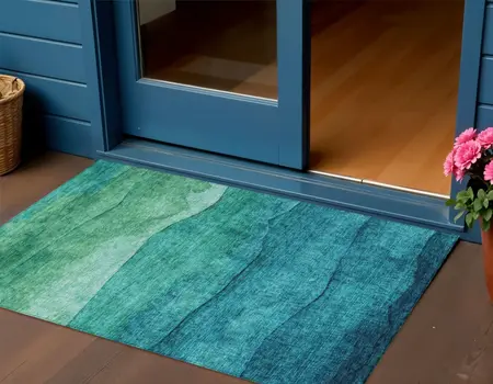 3' X 5' Teal Blue And Green Abstract Washable Indoor Outdoor Area Rug