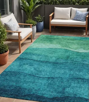 5' X 8' Teal Blue And Green Abstract Washable Indoor Outdoor Area Rug