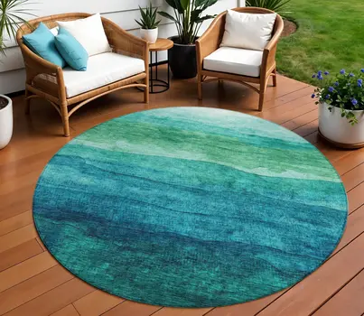 8' Teal Blue And Green Round Abstract Washable Indoor Outdoor Area Rug