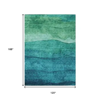 10' X 14' Teal Blue And Green Abstract Washable Indoor Outdoor Area Rug