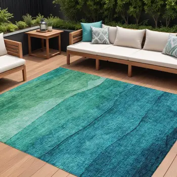 10' X 14' Teal Blue And Green Abstract Washable Indoor Outdoor Area Rug