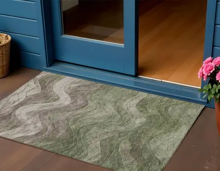3' X 5' Green And Taupe Abstract Washable Indoor Outdoor Area Rug
