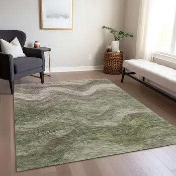 3' X 5' Green And Taupe Abstract Washable Indoor Outdoor Area Rug