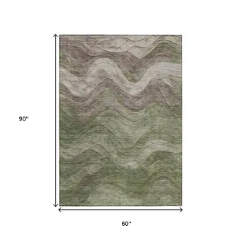 5' X 8' Green And Taupe Abstract Washable Indoor Outdoor Area Rug