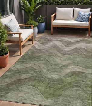 5' X 8' Green And Taupe Abstract Washable Indoor Outdoor Area Rug
