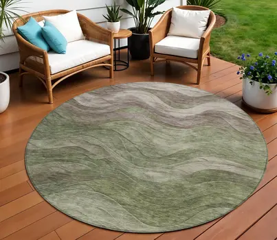 8' Green And Taupe Round Abstract Washable Indoor Outdoor Area Rug