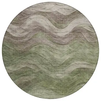 8' Green And Taupe Round Abstract Washable Indoor Outdoor Area Rug