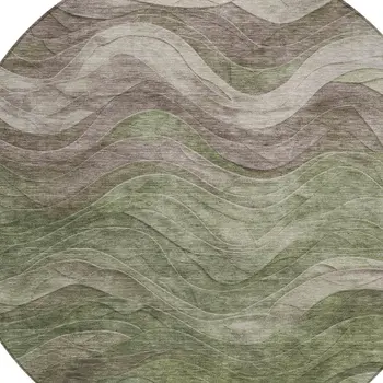 8' Green And Taupe Round Abstract Washable Indoor Outdoor Area Rug