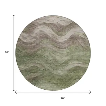 8' Green And Taupe Round Abstract Washable Indoor Outdoor Area Rug