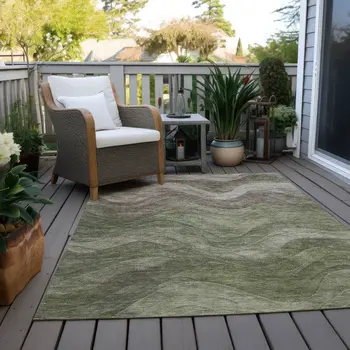 8' X 10' Green And Taupe Abstract Washable Indoor Outdoor Area Rug