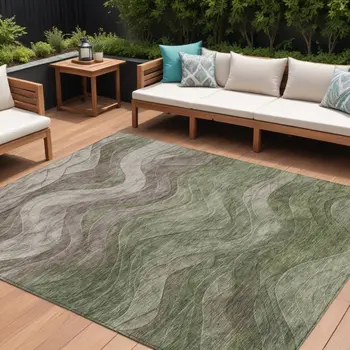 10' X 14' Green And Taupe Abstract Washable Indoor Outdoor Area Rug
