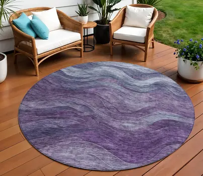 8' Purple And Gray Round Abstract Washable Indoor Outdoor Area Rug