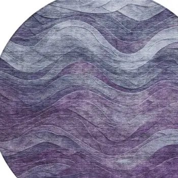 8' Purple And Gray Round Abstract Washable Indoor Outdoor Area Rug