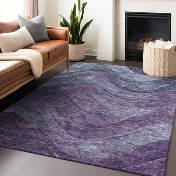 9' X 12' Purple And Gray Abstract Washable Indoor Outdoor Area Rug