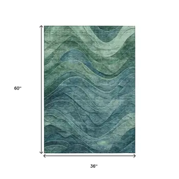 3' X 5' Teal Blue And Green Abstract Washable Indoor Outdoor Area Rug