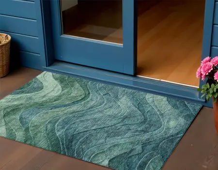 3' X 5' Teal Blue And Green Abstract Washable Indoor Outdoor Area Rug