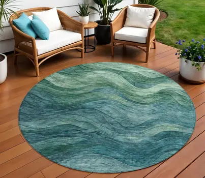8' Teal Blue And Green Round Abstract Washable Indoor Outdoor Area Rug