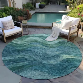 8' Teal Blue And Green Round Abstract Washable Indoor Outdoor Area Rug