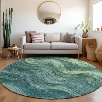 8' Teal Blue And Green Round Abstract Washable Indoor Outdoor Area Rug