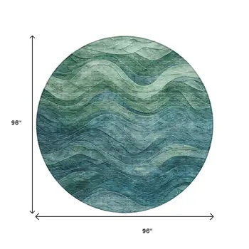 8' Teal Blue And Green Round Abstract Washable Indoor Outdoor Area Rug