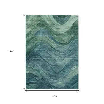 9' X 12' Teal Blue And Green Abstract Washable Indoor Outdoor Area Rug