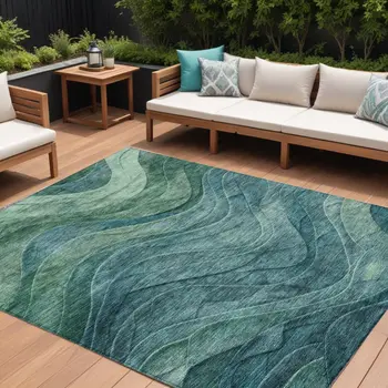 9' X 12' Teal Blue And Green Abstract Washable Indoor Outdoor Area Rug