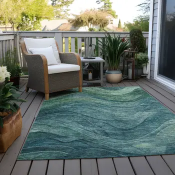 9' X 12' Teal Blue And Green Abstract Washable Indoor Outdoor Area Rug