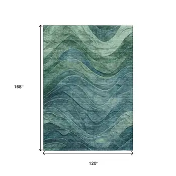 10' X 14' Teal Blue And Green Abstract Washable Indoor Outdoor Area Rug