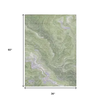 3' X 5' Artichoke Green Lavender And Ivory Abstract Washable Indoor Outdoor Area Rug