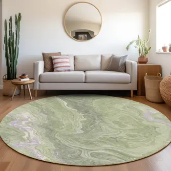 8' Artichoke Green Lavender And Ivory Round Abstract Washable Indoor Outdoor Area Rug
