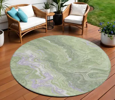 8' Artichoke Green Lavender And Ivory Round Abstract Washable Indoor Outdoor Area Rug