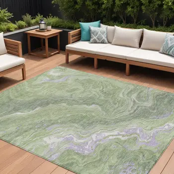 8' X 10' Artichoke Green Lavender And Ivory Abstract Washable Indoor Outdoor Area Rug